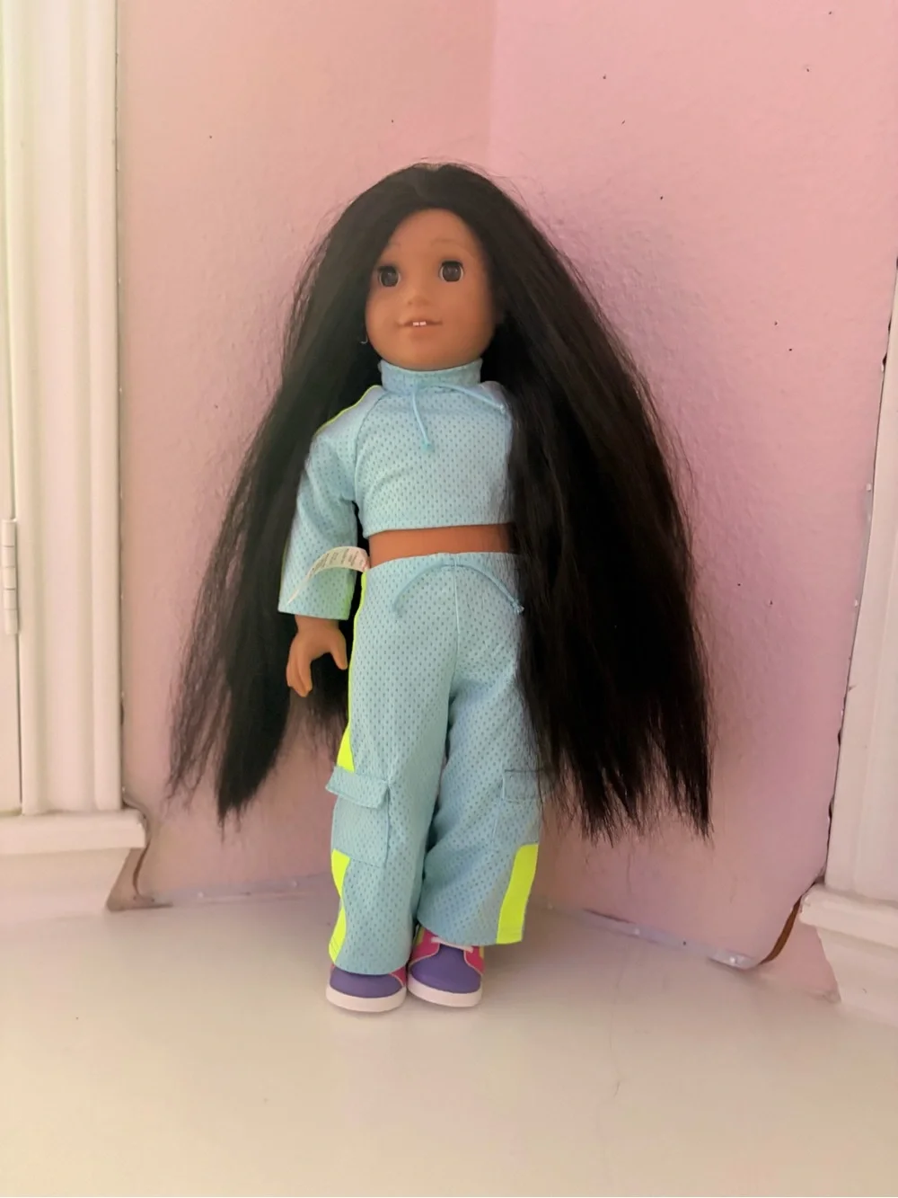 American Girl doll and  Light Blue Doll Tracksuit with Neon Yellow Accents